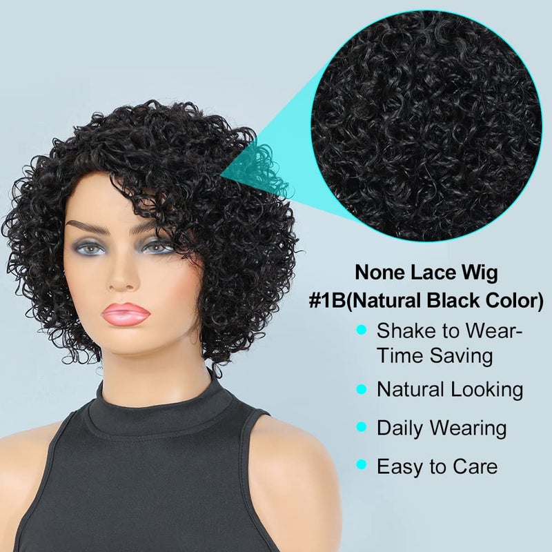 UDU Short Curly Human Hair Wigs For Black Women Short Curly Wigs Human Hair Non Lace Glueless Wig with Bangs Side Part Wigs (Nature Black) - Image 3